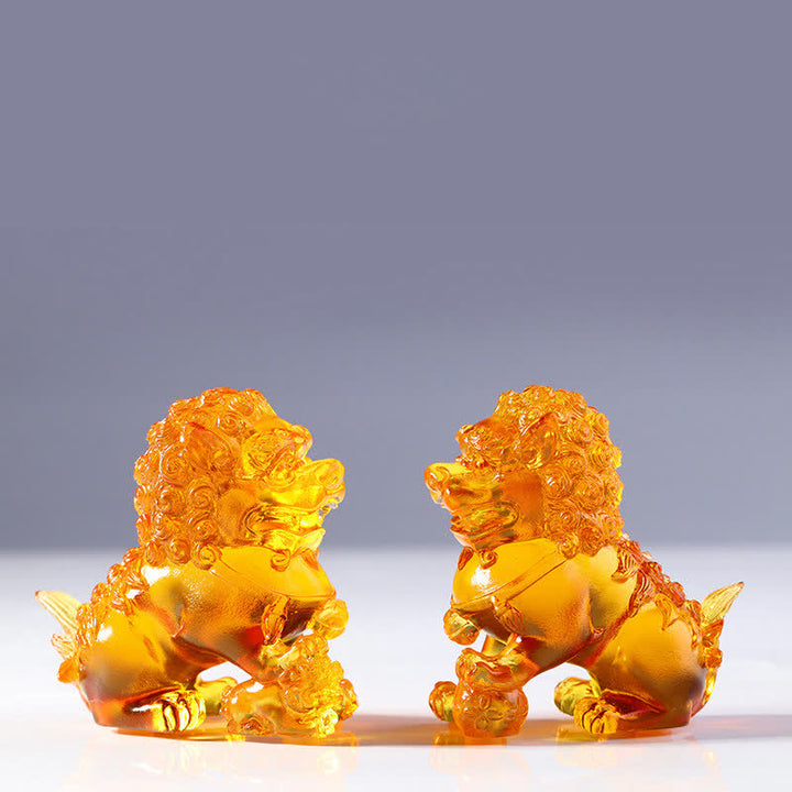 Handmade Liuli Crystal Lion Art Piece Strength Home Office Decoration - A Pair of Gold Lions - image 15