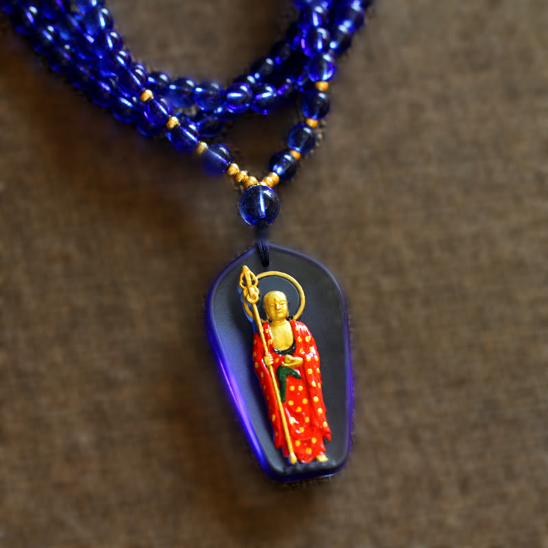 Buddha Stones Ksitigarbha Buddha Liuli Crystal Compassion Amulet Necklace Pendant - Blue Standing Ksitigarbha - image 7
