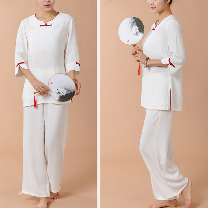 Buddha Stones 2Pcs Frog-Button Three Quarter Sleeve Shirt Top Pants Meditation Zen Tai Chi Linen Clothing Women's Set