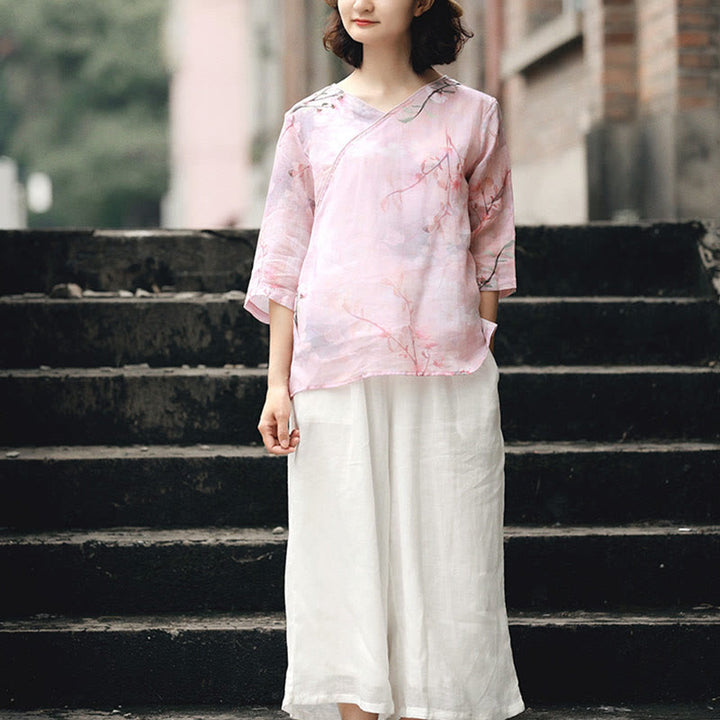 Buddha Stones V-Neck Pink Flower Pattern Ramie Linen Blouse Three Quarter Sleeve Shirt Top