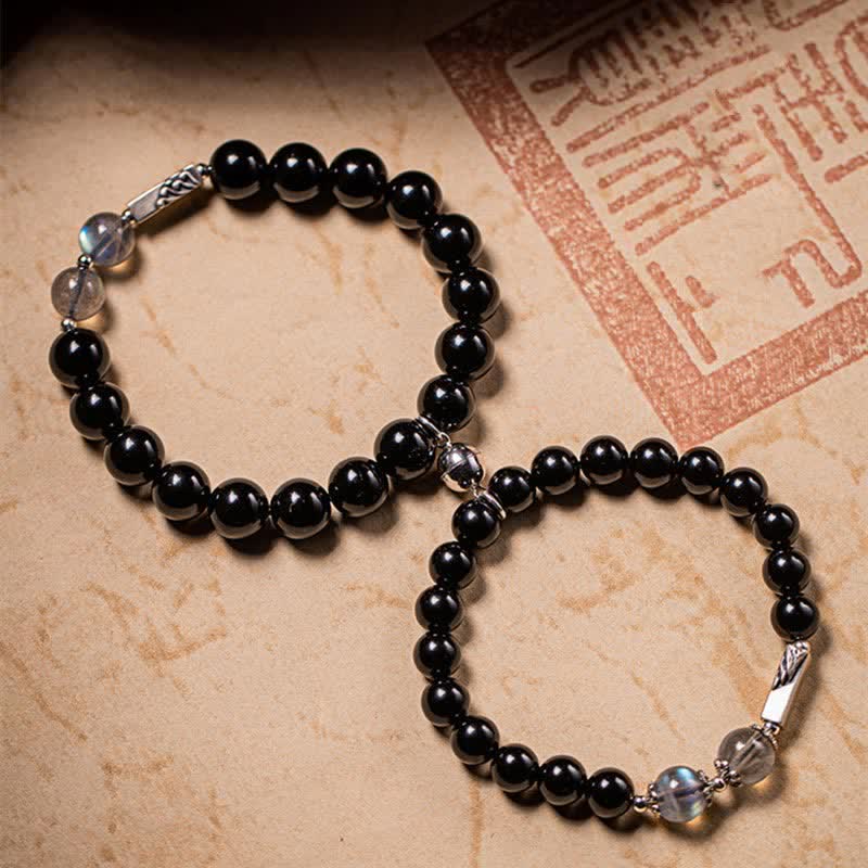 925 Sterling Silver Obsidian Moonstone Strength Couple Bracelet - 8mm&10mm - image 7