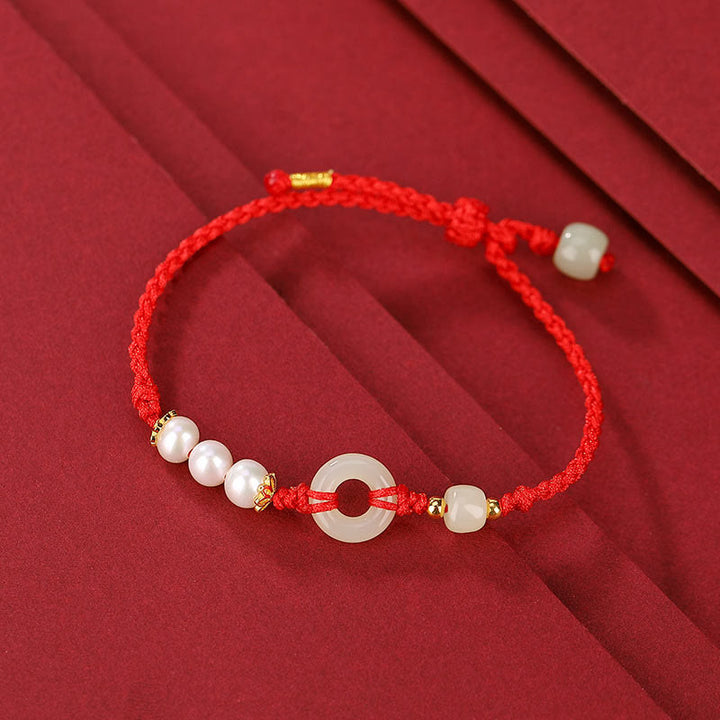 Buddha Stones 925 Sterling Silver Plated Gold Hetian Jade Peace Buckle Pearl Luck Bracelet - Red Rope(Wrist Circumference 14-16cm) - image 1