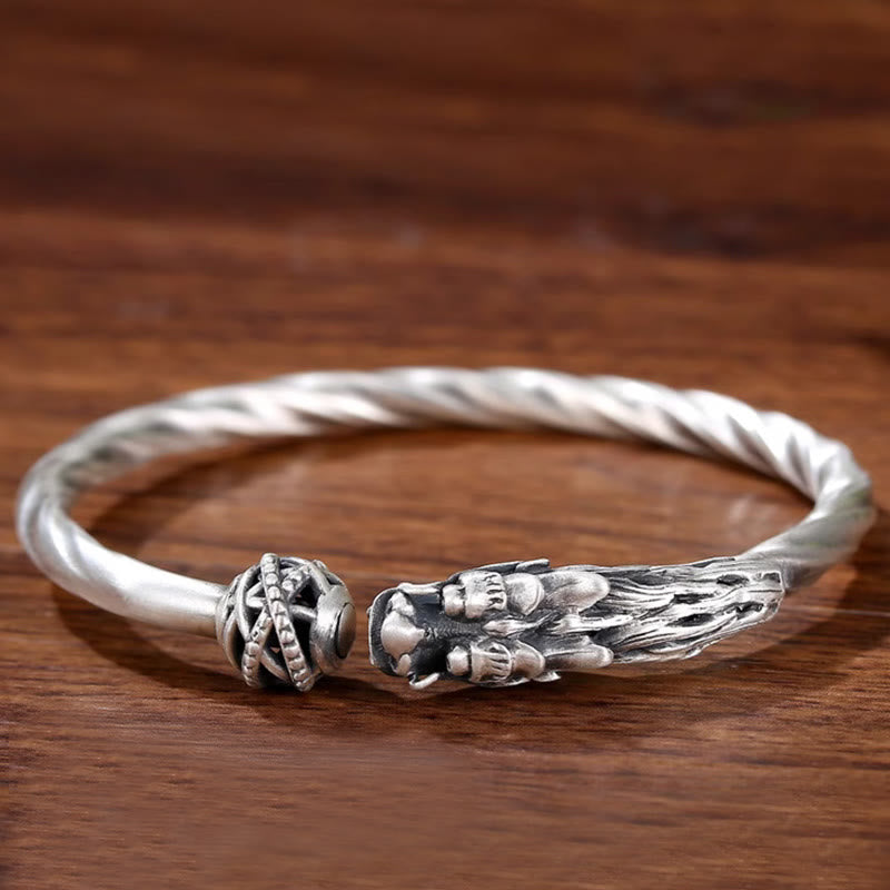 Buddha Stones 999 Sterling Silver Year of the Dragon Luck Strength Metal Cuff Bracelet Bangle - image 3