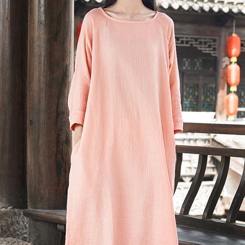 Buddha Stones Simple Midi Dress Cotton Linen Zen Tunic Dress With Pockets