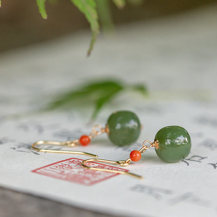Buddha Stones 925 Sterling Silver Plated 14k Gold Hetian Jade Red Agate Luck Drop Dangle Earrings - image 15