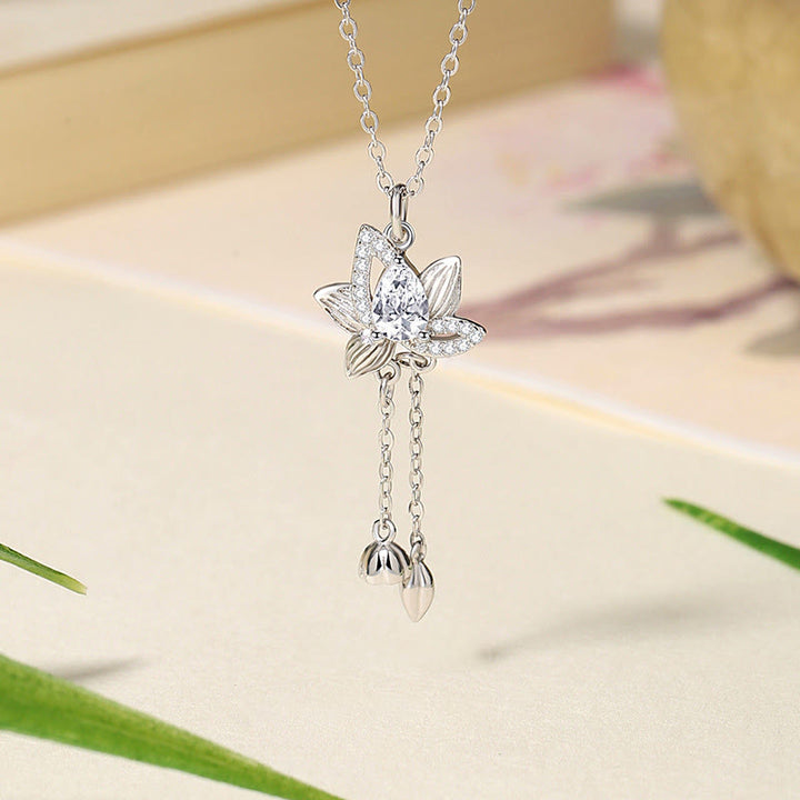 Buddha Stones 925 Sterling Silver Lotus Zircon Enlightenment Necklace Pendant