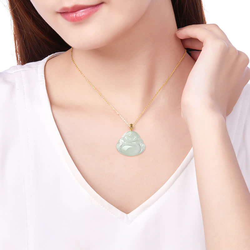 Laughing Buddha Natural Jade 18K Gold Abundance Necklace Pendant - image 3