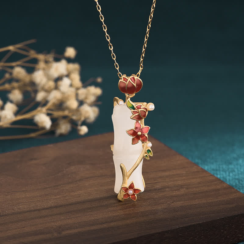 Buddha Stones White Jade Bamboo Lotus Flowers Luck Protection Necklace Pendant - image 1