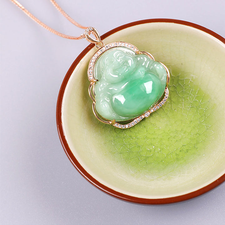 925 Sterling Silver Laughing Buddha Natural Jade Prosperity Necklace Chain Pendant - image 8