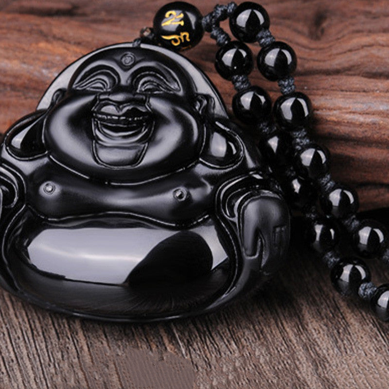 Buddha Stones Laughing Buddha Black Obsidian Transformation Pendant Necklace - image 5