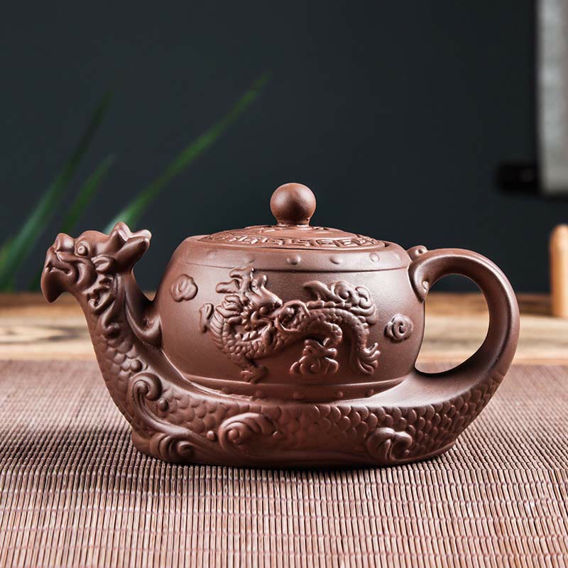 Vintage Dragon Auspicious Clouds Purple Clay Ceramic Teapot