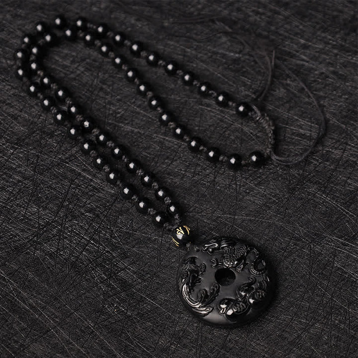 Buddha Stones Black Obsidian Dragon Phoenix Mandarin Duck Luck Protection Necklace Pendant