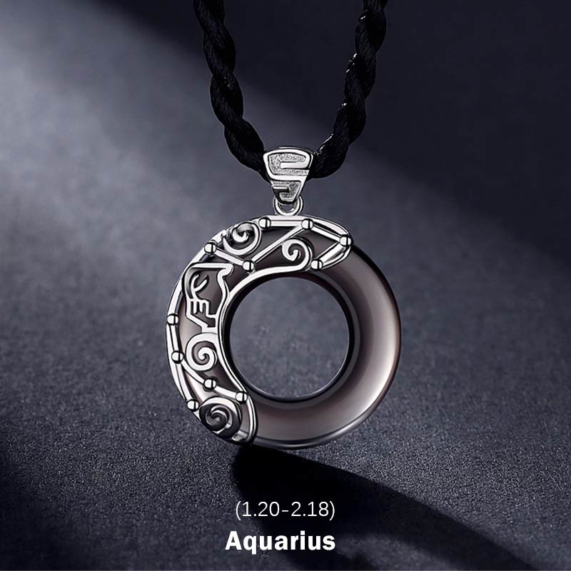 Buddha Stones 12 Constellations of the Zodiac Ice Obsidian Blessing Round Pendant Necklace - Aquarius - Rope - image 21