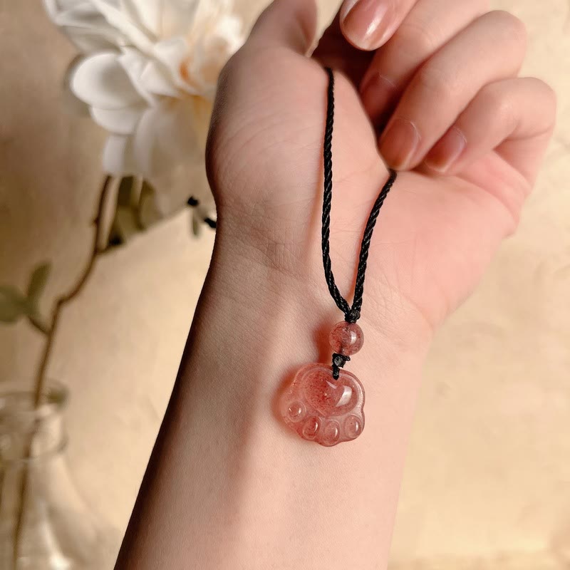 Buddha Stones Strawberry Quartz Lovely Cat Paw Claw Healing Necklace Pendant - image 11