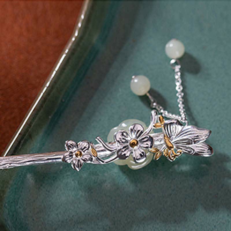 925 Sterling Silver Hetian White Jade Flower Blessing Hairpin - image 9
