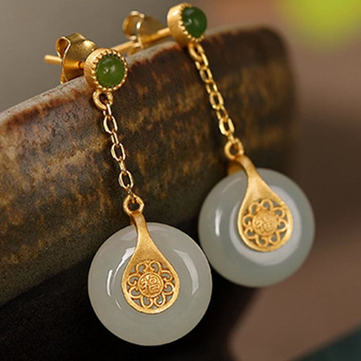 Buddha Stones 925 Sterling Silver Plated Gold Hetian Jade Fu Character Luck Necklace Pendant Bracelet Earrings