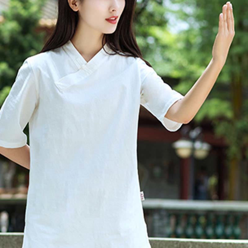 Buddha Stones 2Pcs Half Sleeve V-Neck Shirt Top Pants Meditation Zen Tai Chi Linen Clothing Women's Set