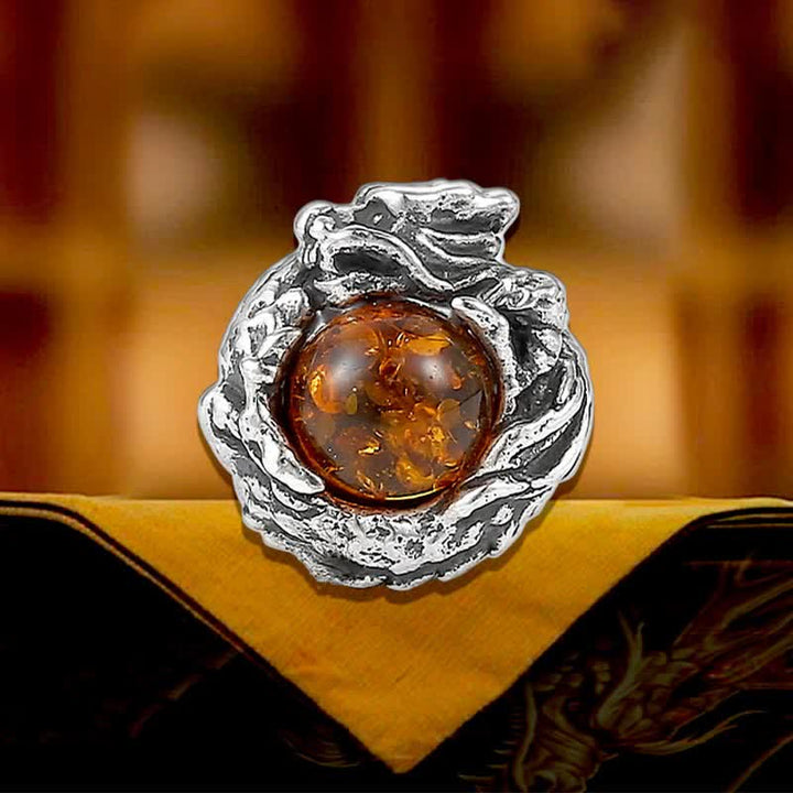 925 Sterling Silver Natural Amber Dragon Success Protection Stud Earring - image 1