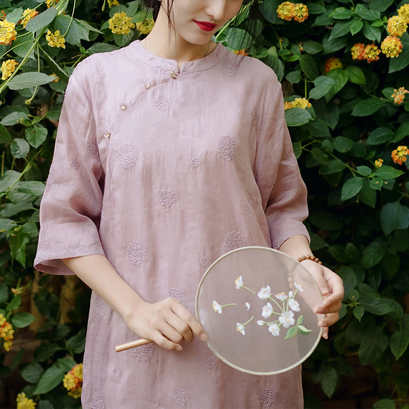 Buddha Stones Dandelion Flower Embroidery Half Sleeve Ramie Linen Chinese Cheongsam Midi Dress With Pockets