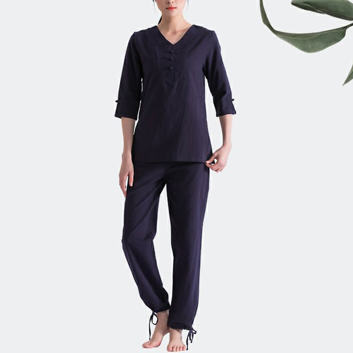 Buddha Stones Yoga Meditation Prayer V-neck Design Cotton Linen Clothing Uniform Zen Practice Women's Set - image 5