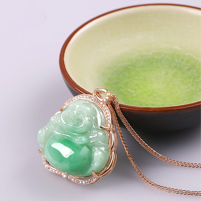 925 Sterling Silver Laughing Buddha Natural Jade Prosperity Necklace Chain Pendant - image 6
