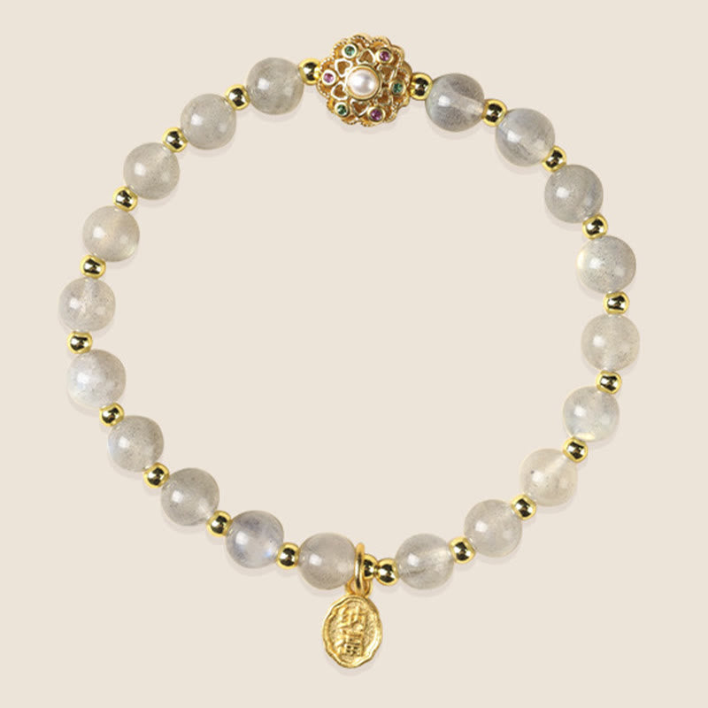 Buddha Stones 14K Gold Plated Natural Strawberry Quartz Labradorite Sun Stone Fu Character Positive Charm Bracelet - image 9