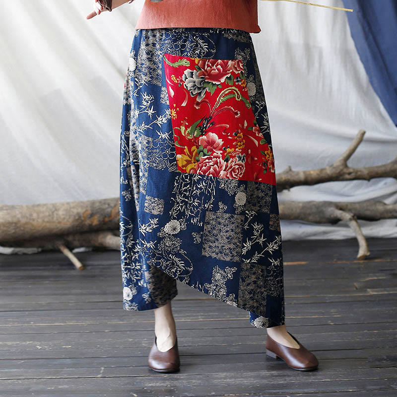 Buddha Stones Red Peony Blue Bamboo Chrysanthemum Patchwork Cotton Linen Harem Pants With Pockets