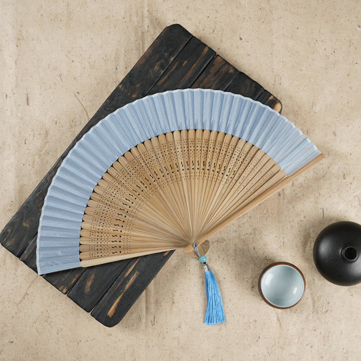 Buddha Stones Simple Cherry Flower Hollow Engraved Handheld Bamboo Folding Fan