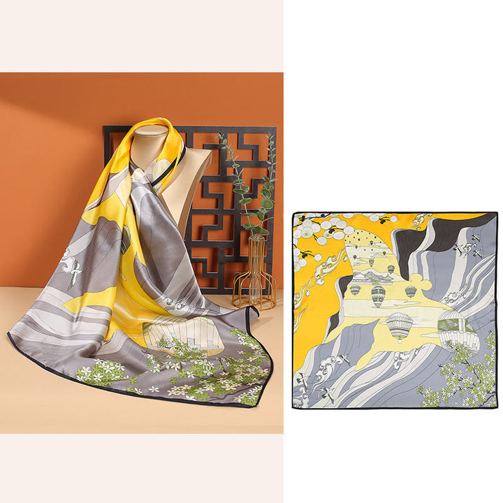 Buddha Stones Pastoral Scene Hot Air Balloon Spring Blossom 100% Mulberry Silk Neck Hair Scarf - Yellow Hot Air Balloon - image 10