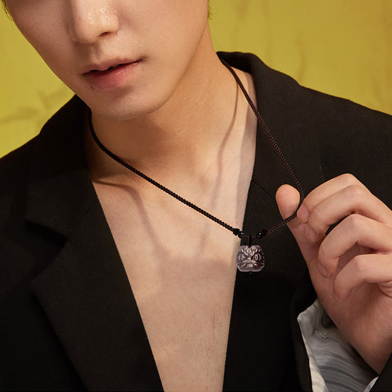 Buddha Stones Natural Silver Sheen Obsidian Red Agate Dancing Lion Protection Necklace Pendant - image 3