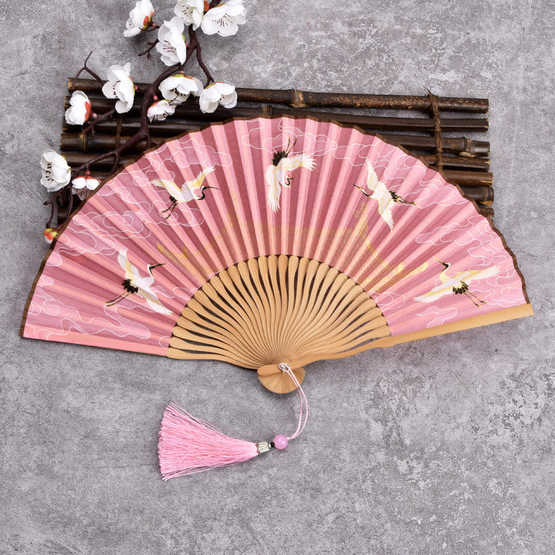 Buddha Stones Vintage Cloud Crane Pattern Handheld Bamboo Folding Fan - Pink - image 5
