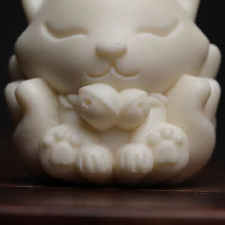 Buddha Stones Mini Nine Tailed Fox Ivory Fruit Sandalwood Green Sandalwood Blessing Decoration