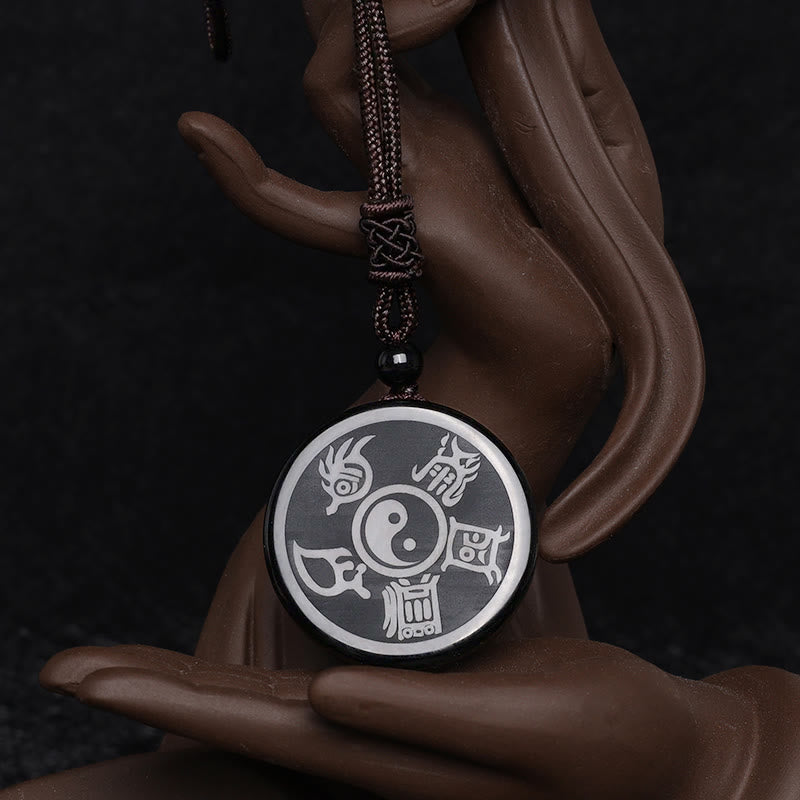 Buddha Stones Black Obsidian Taoism Five Sacred Mountains Nine-Character Mantra Carved Purification Yin Yang Necklace Pendant - image 9