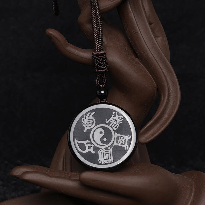 Buddha Stones Black Obsidian Taoism Five Sacred Mountains Nine-Character Mantra Carved Purification Yin Yang Necklace Pendant - image 9