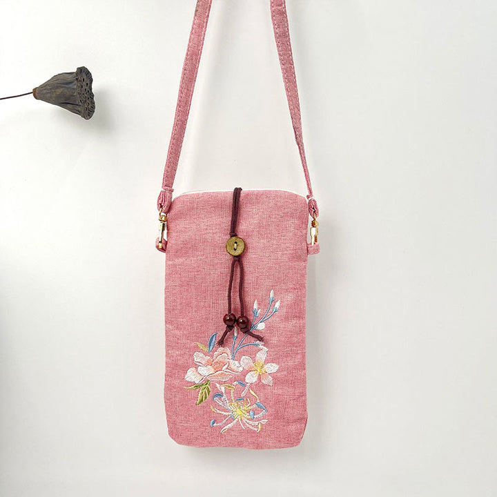 Buddha Stones Small Embroidered Flowers Crossbody Bag Shoulder Bag Cellphone Bag 11*20cm