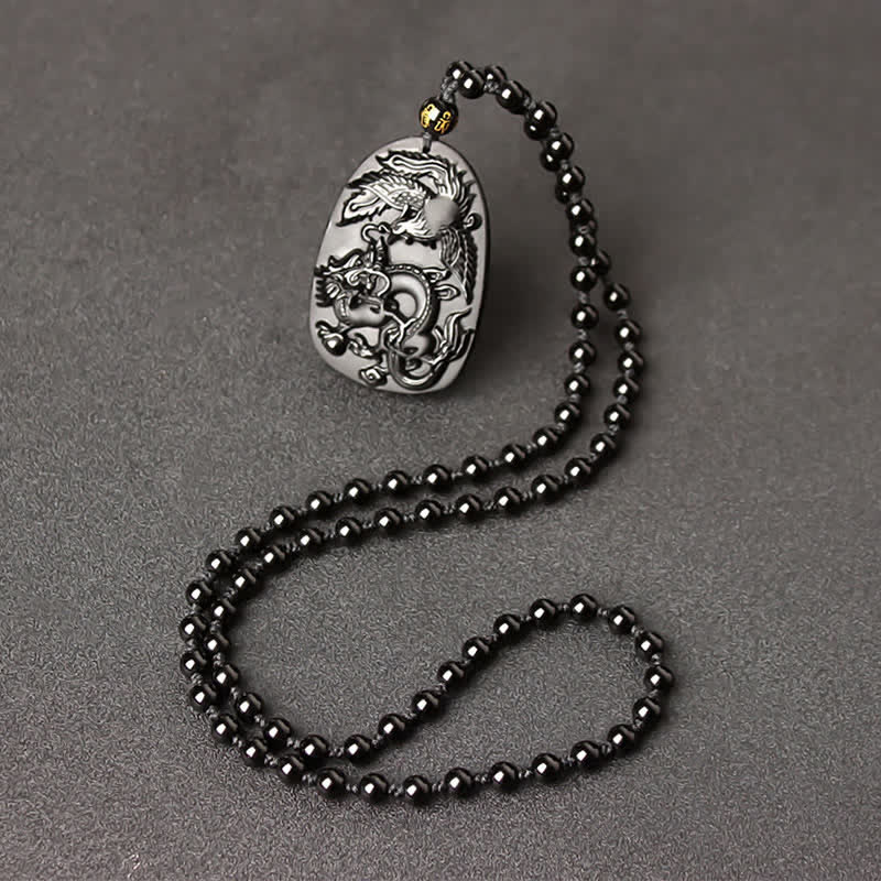 Black Obsidian Tiger Eye Dragon Phoenix Protection Beaded Necklace Pendant - Obsidian Bead Chain - image 10