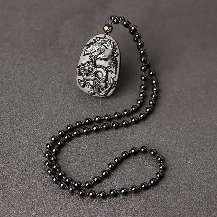 Black Obsidian Tiger Eye Dragon Phoenix Protection Beaded Necklace Pendant - Obsidian Bead Chain - image 10