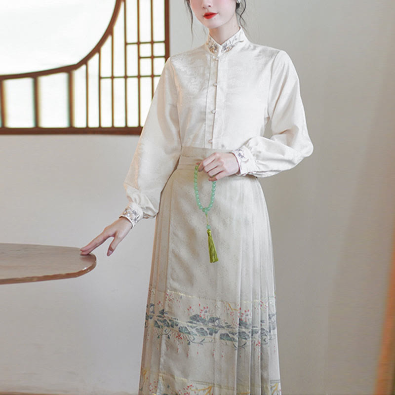 Buddha Stones Long Sleeve Shirt Top Chinese Hanfu Crane Lotus Printed Horse Face Skirt Mamianqun