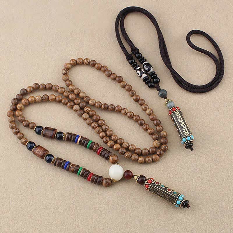 Buddha Stones Tibetan Om Mani Padme Hum Dzi Bead Wenge Wood Necklace Pendant - image 7