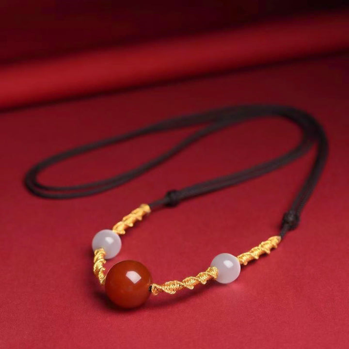 Buddha Stones Natural Red Agate Cat Eye Calm Braided String Bracelet Necklace Pendant - Red Agate&Cat Eye Black Rope Necklace 70cm - image 10