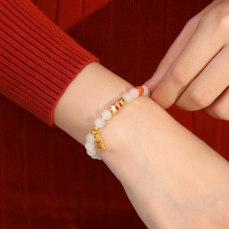 Buddha Stones 925 Sterling Silver Hetian White Jade Red Agate Koi Fish Luck Happiness Bracelet - image 5