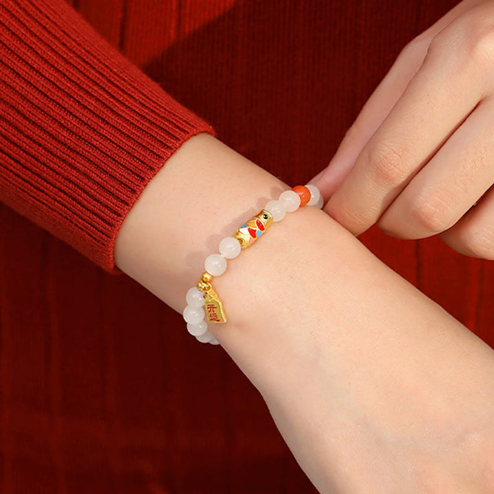 Buddha Stones 925 Sterling Silver Hetian White Jade Red Agate Koi Fish Luck Happiness Bracelet - image 5