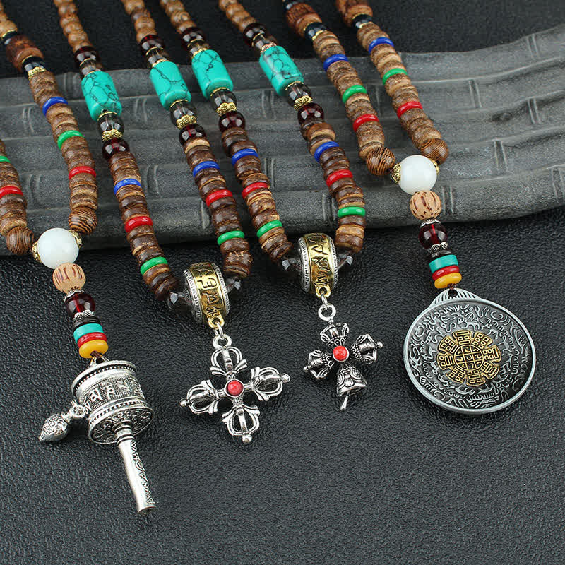 Buddha Stones Tibetan Om Mani Padme Hum Prayer Wheel Rotation Vajra Wood Necklace Pendant - image 15