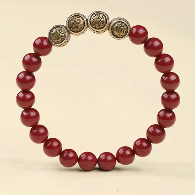 Buddha Stones 925 Sterling Silver Natural Cinnabar Four Beasts Blessing Bracelet