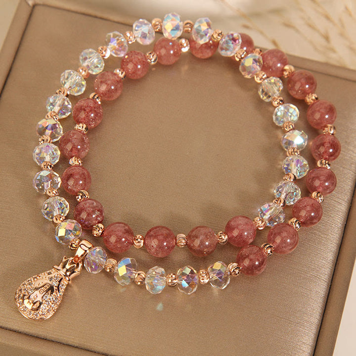 Buddha Stones Strawberry Quartz White Crystal Money Bag Charm Positive Bracelet