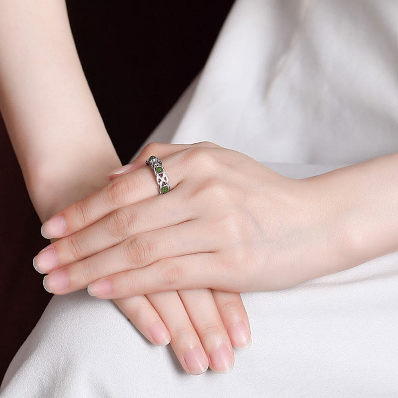 Buddha Stones 925 Sterling Silver Plated Gold Cyan Jade Braided Design Success Luck Adjustable Ring - image 12