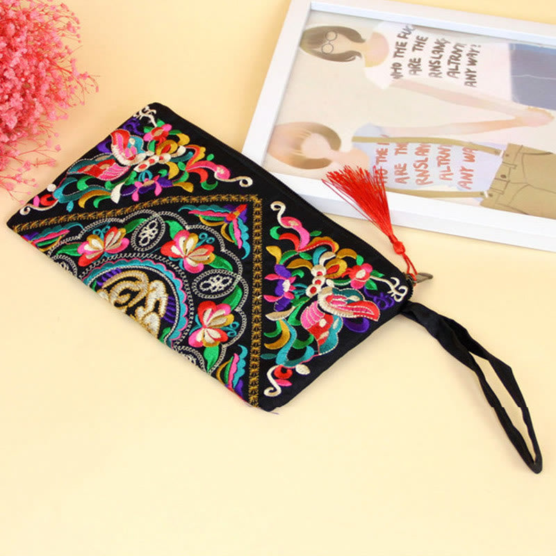 Buddha Stones Dragon Butterfly Cosmos Flower Embroidery Wallet Shopping Purse