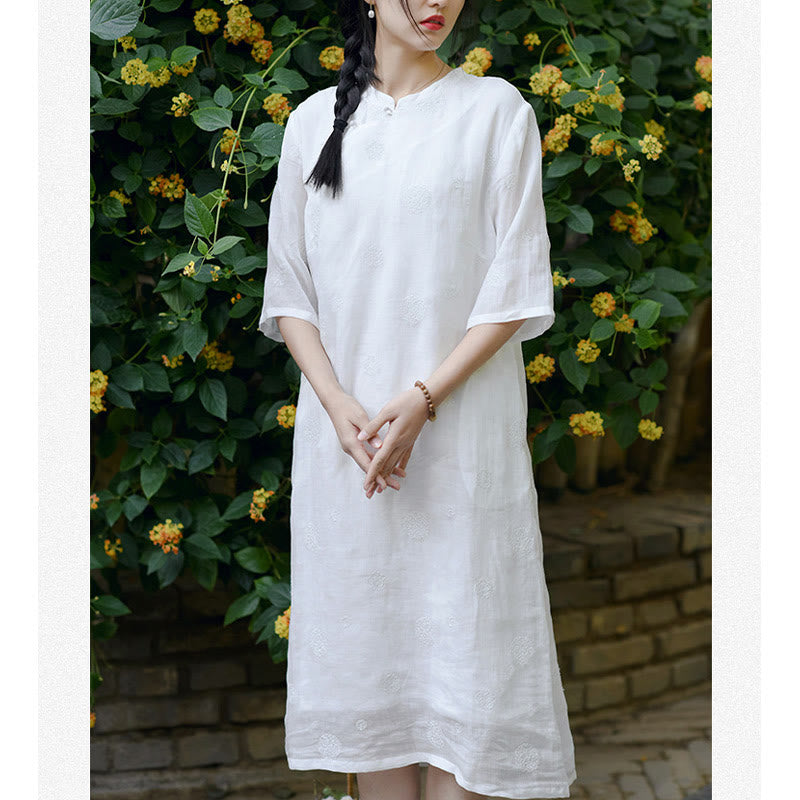 Buddha Stones Dandelion Flower Embroidery Half Sleeve Ramie Linen Chinese Cheongsam Midi Dress With Pockets