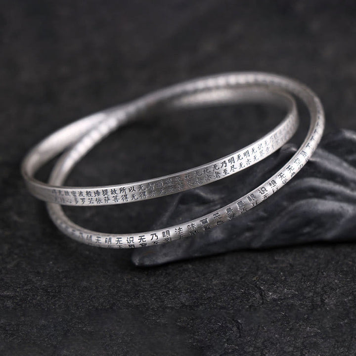 Buddha Stones 999 Sterling Silver Heart Sutra Carved Protection Bracelet Bangle - image 4