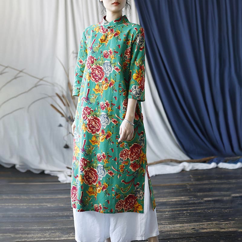 Buddha Stones Red Blue Peony Midi Dress Half Sleeve Cotton Linen Dress Wide Leg Pants With Pockets